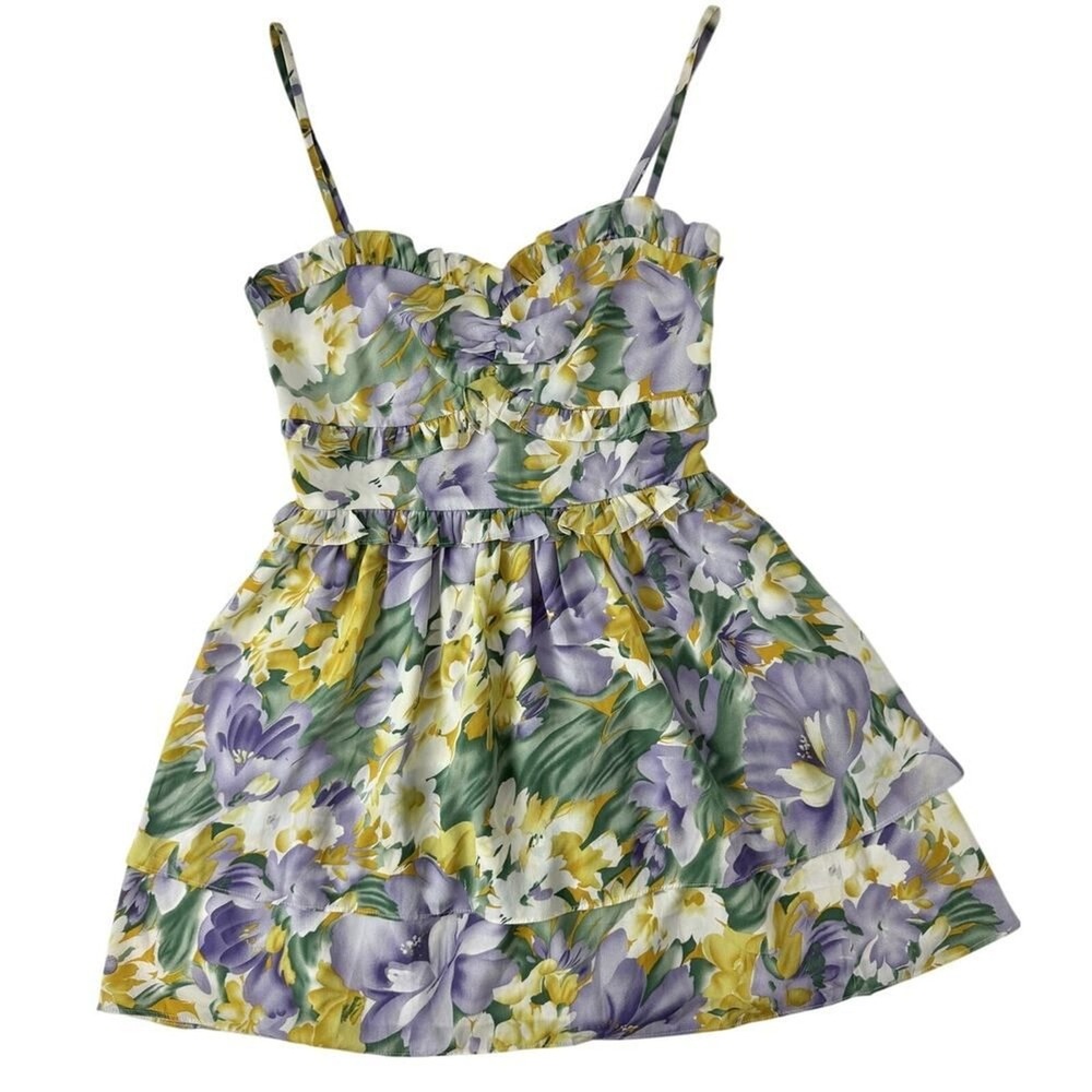 Floral Ruffle Mini Dress Lavender Yellow Sweetheart Smocked Back Tiered Skirt